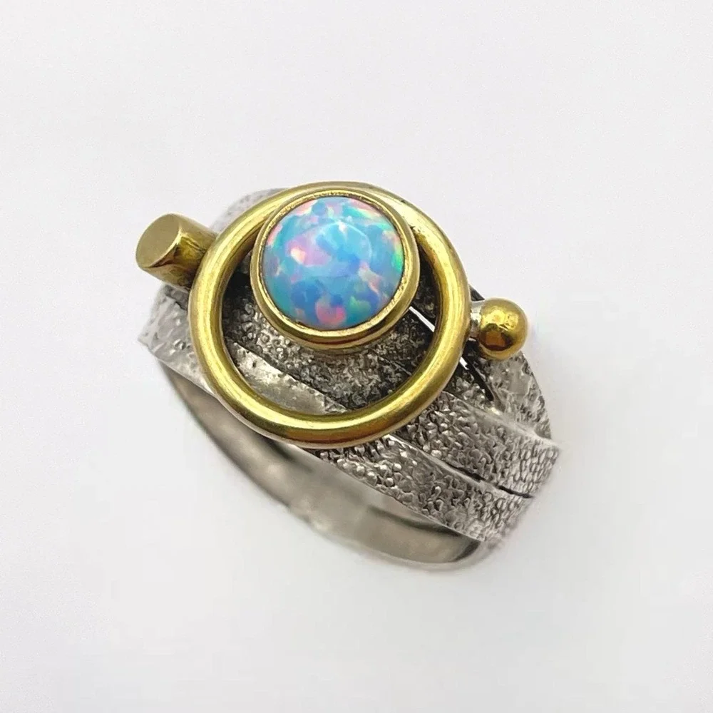 Artisan Rustic White Opal Sterling‎ Silver Brass Ring Textured Band 8.25 US